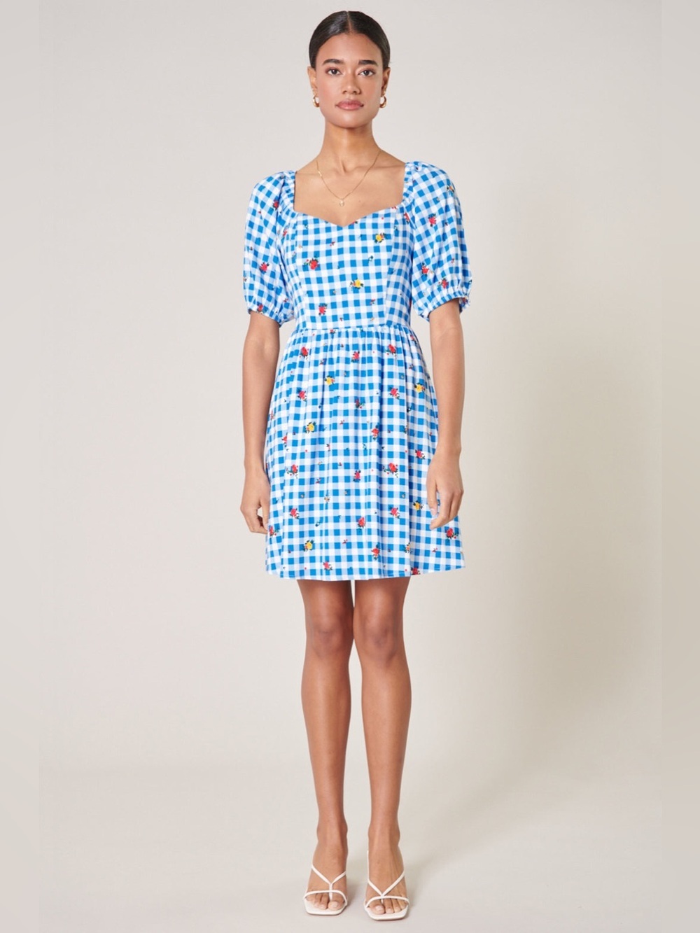 NEW SugarLips Dorothy Rose Gingham Puff Sleeve Mini Dress Blue Floral XS NWT
